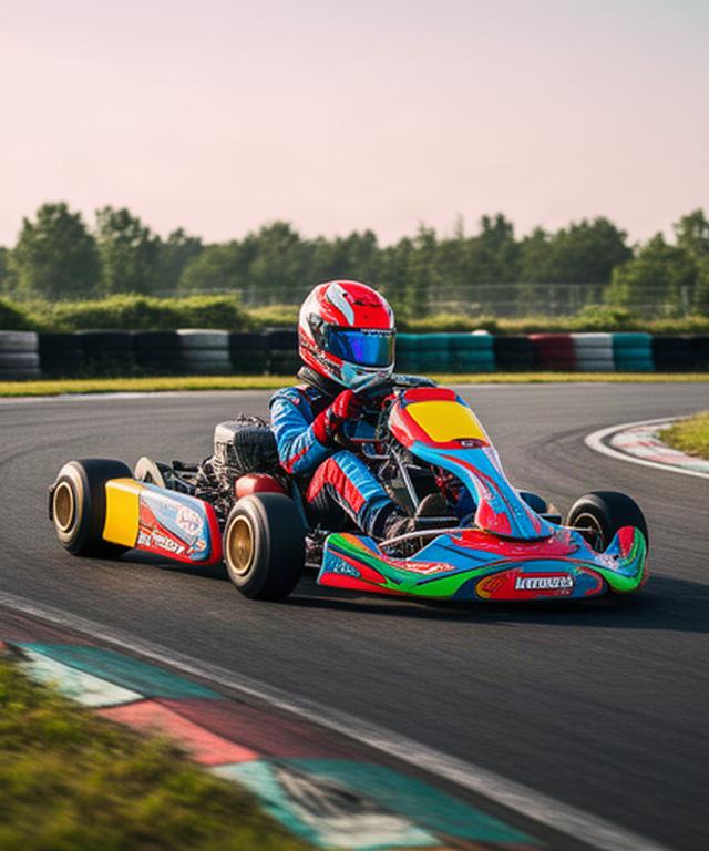 Kartcoureur in een felgekleurde kart tijdens een snelle bocht op een buitenbaan in Overijssel