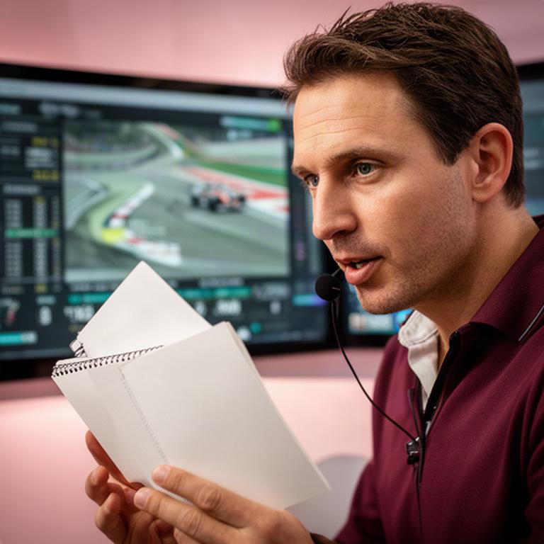 Nederlandse Formule 1-analist met notities en microfoon tijdens een technische racesessie