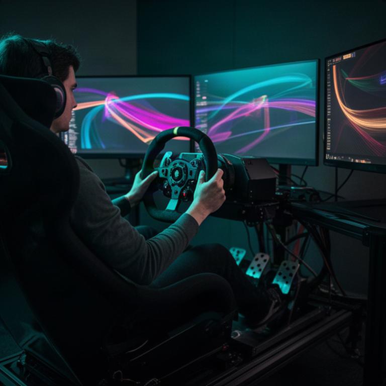 Simracer achter een professionele simulator met stuur, schermen en kleurrijke telemetrie in een donkere trainingsruimte