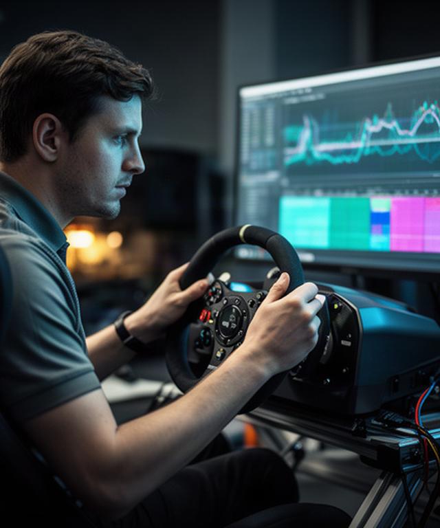Simracingcoureur controleert een telemetriescherm naast een stuurinstallatie tijdens een analysesessie