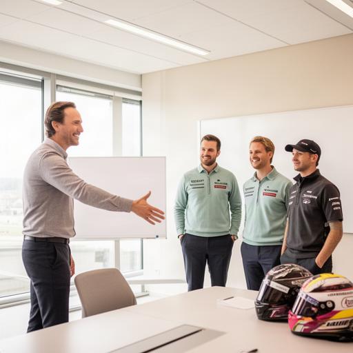 Eventmanager ontvangt een raceteam in een lichte briefingruimte