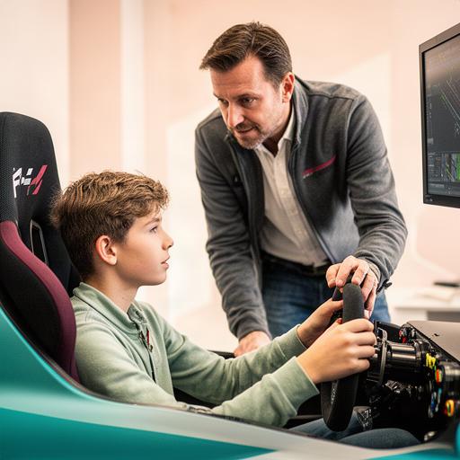 Coureurscoach bespreekt rempunten voor een simulator met een jonge rijder