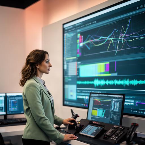 Data-analist onderzoekt telemetrie op een groot scherm in een autosportstudio